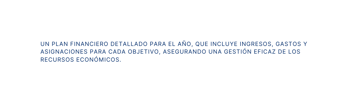 Un plan financiero detallado para el año que incluye ingresos gastos y asignaciones para cada objetivo asegurando una gestión eficaz de los recursos económicos