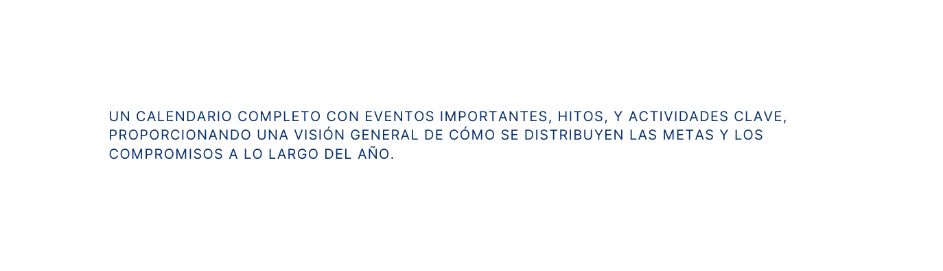 Un calendario completo con eventos importantes hitos y actividades clave proporcionando una visión general de cómo se distribuyen las metas y los compromisos a lo largo del año