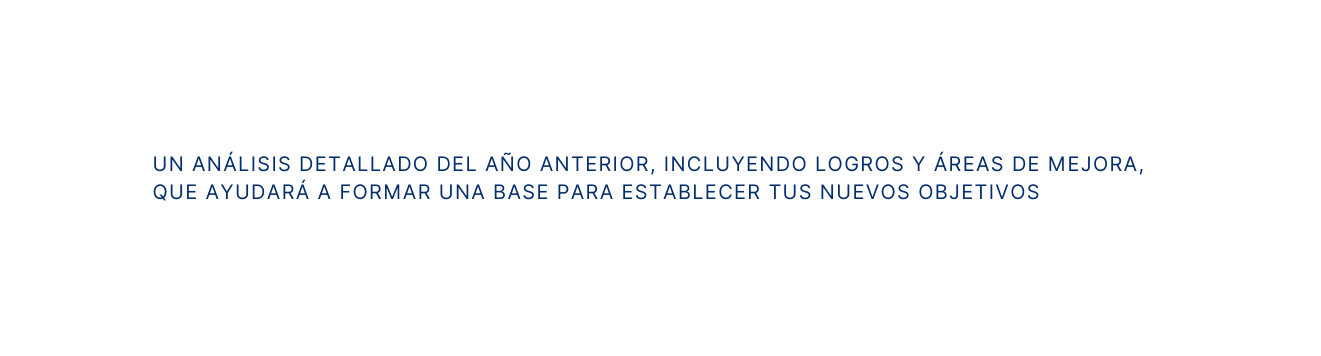 Un análisis detallado del año anterior incluyendo logros y áreas de mejora que ayudará a formar una base para establecer tus nuevos objetivos